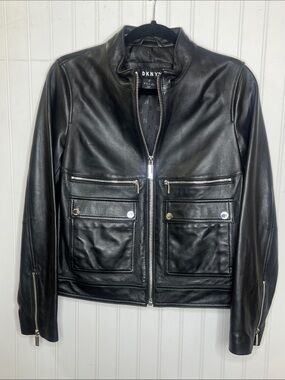 DKNY Black Leather Moto Jacket with Front Pockets Small